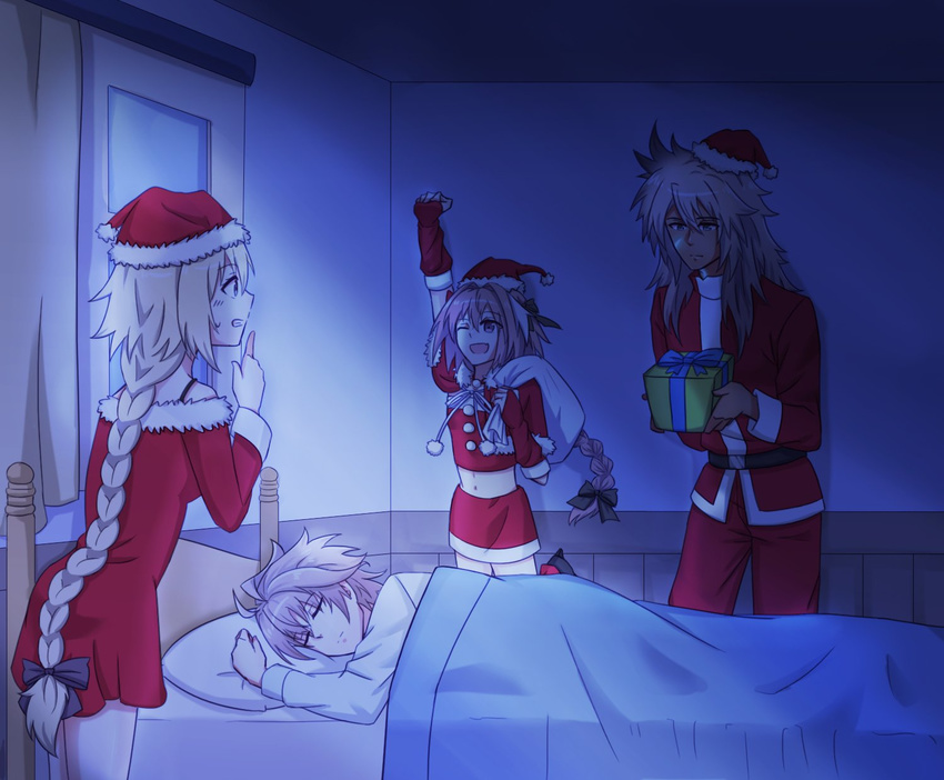 1girl 3boys ahoge astolfo_(fate) bangs belt black_ribbon blonde_hair box braid brown_hair christmas christmas_outfit dark_skin dress eyebrows_visible_through_hair eyes_closed fang fate/apocrypha fate_(series) female fokwolf gift gift_bag gift_box green_eyes hair_ornament hair_ribbon hat high_resolution holding_gift jeanne_d'arc_(fate) long_braid long_hair long_pants long_sleeves male male_focus multicolored_hair multiple_boys navel one_eye_closed pants pillow pillow_hug pink_eyes pink_hair purple_eyes purple_hair red_dress red_pants red_skirt ribbon saber_of_black santa_costume santa_dress santa_gloves santa_hat scar shirt short_hair sieg_(fate/apocrypha) silver_hair single_braid skirt sleeping tied_hair trap two-tone_hair very_long_hair white_shirt