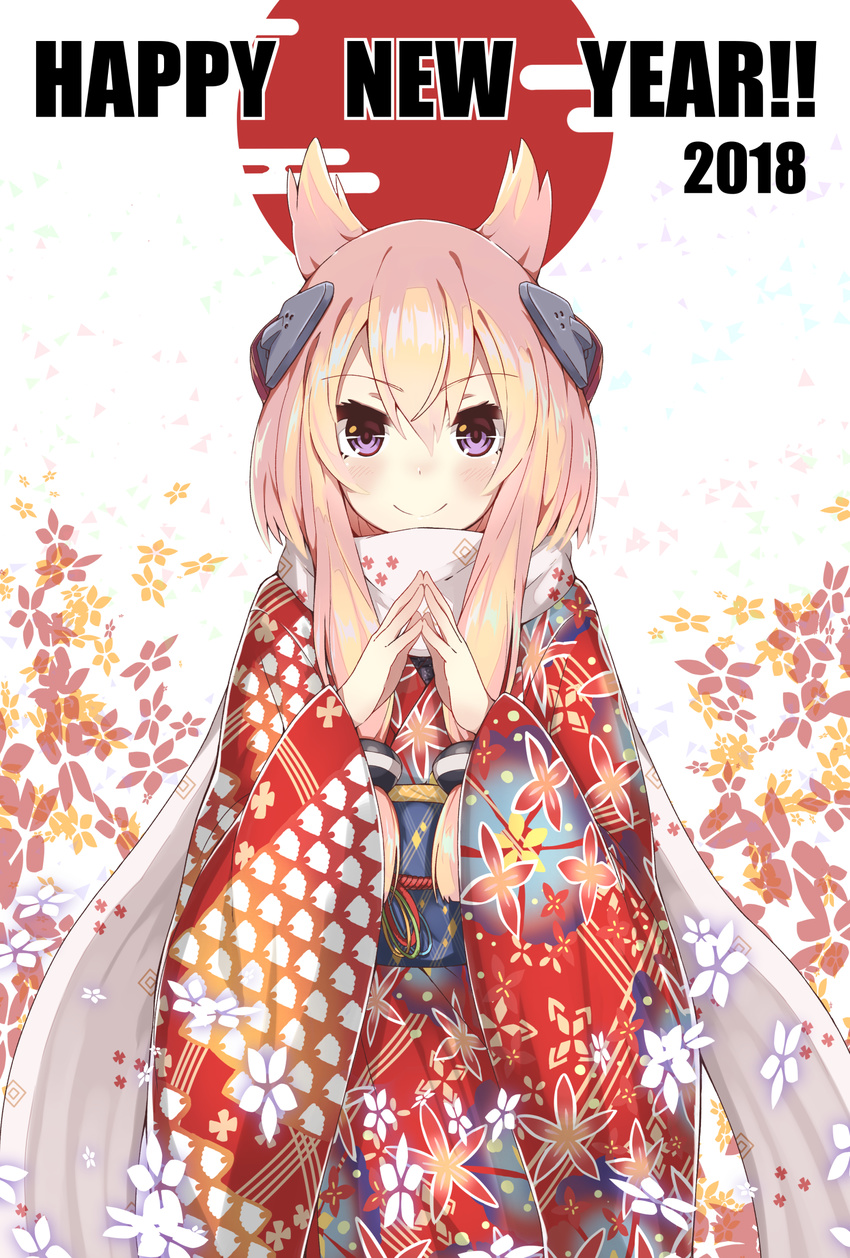 2018 abstract_background animal_ears azur_lane blonde_hair closed_mouth egasumi eyebrows_visible_through_hair eyelashes floral_print hair_between_eyes happy_new_year headgear highres japanese_clothes kimono long_hair long_sleeves looking_at_viewer neme1228 new_year own_hands_together purple_eyes red_kimono sash scarf shiny shiny_hair sidelocks smile solo sun upper_body warspite_(azur_lane) white_scarf wide_sleeves