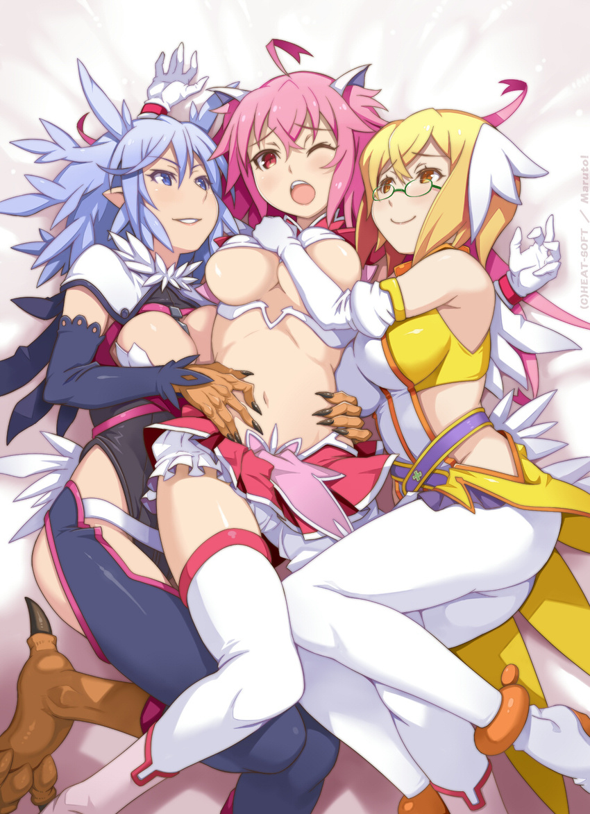 ahoge animal_ears anklet ass assisted_exposure bangs bare_shoulders blonde_hair blue_eyes blue_hair blush breasts capelet claws cleavage_cutout closed_mouth commentary_request dakimakura detached_sleeves elbow_gloves eyebrows_visible_through_hair fff_threesome fingernails girl_sandwich glasses gloves group_sex hair_between_eyes hair_ornament hair_wings hands_up heat-soft high_heels highres hug jewelry knees_together_feet_apart large_breasts lifted_by_another long_sleeves looking lying magical_girl mahou_shoujo_wo_mucha_kucha_taoshitai maruto! miniskirt multiple_girls navel on_back on_side open_mouth pantyhose parted_lips pink_eyes pink_hair pink_skirt pointy_ears sandwiched sharp_fingernails shiratori_reiko_(mahou_shoujo) shirt_lift short_hair skirt thighhighs threesome toudou_ichigo toudou_remon watermark white_gloves white_legwear wristband yellow_eyes yuri