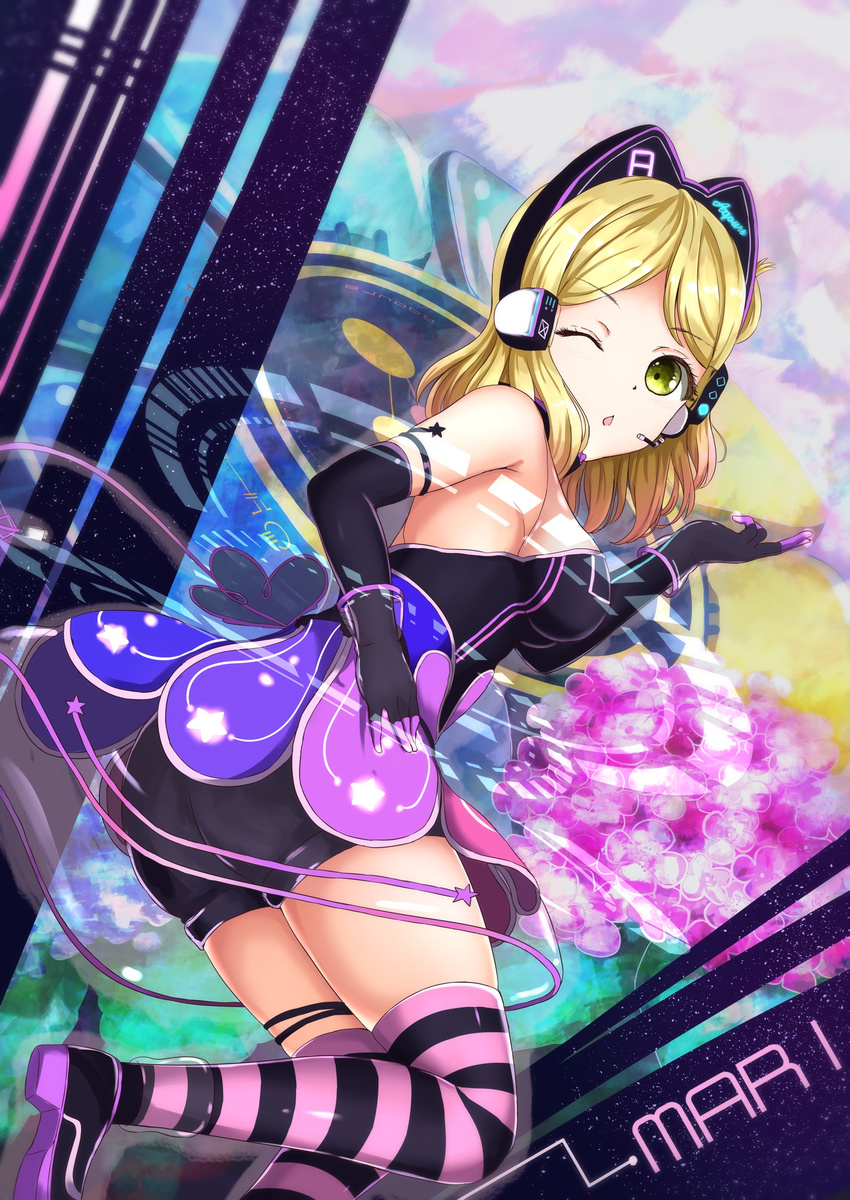 ;o animal_ears aoiao armpits ass bangs bare_shoulders black_footwear black_gloves black_leotard blonde_hair breasts cat_ears character_name elbow_gloves eyebrows_visible_through_hair eyelashes fake_animal_ears gloves green_eyes headset highres hologram leaning_forward leg_up leotard light_particles looking_at_viewer love_live! love_live!_school_idol_festival love_live!_sunshine!! medium_breasts multicolored multicolored_background ohara_mari one_eye_closed open_mouth parted_bangs shiny shiny_hair shoes short_hair sideboob sleeveless solo standing standing_on_one_leg star striped striped_legwear tareme transparent_skirt