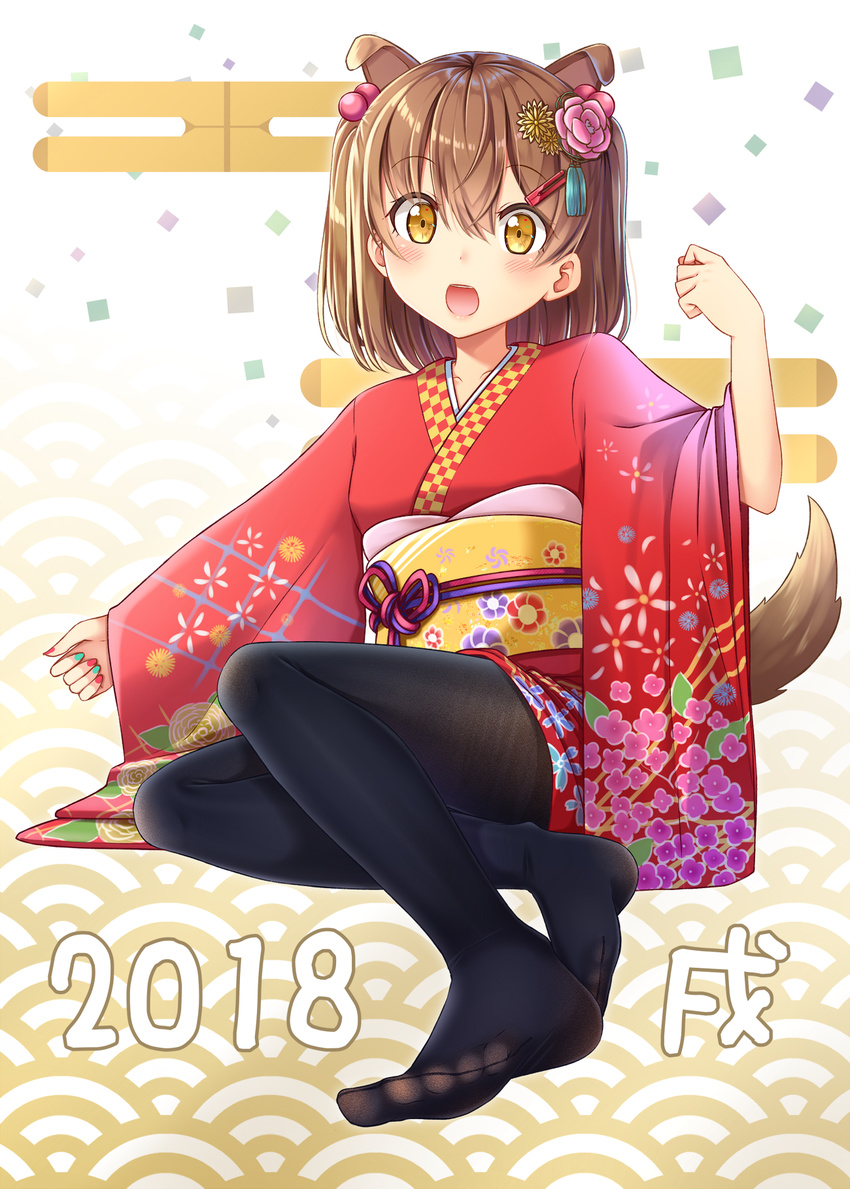 2018 :d animal_ears ashida_machi bangs black_legwear blush brown_hair chinese_zodiac collarbone commentary_request dog_ears dog_girl dog_tail egasumi eyebrows_visible_through_hair fine_fabric_emphasis fingernails floral_print flower green_nails gurande_(g-size) hair_between_eyes hair_bobbles hair_flower hair_ornament head_tilt highres japanese_clothes kemonomimi_mode kimono long_sleeves looking_at_viewer multicolored multicolored_nails nail_polish new_year no_shoes open_mouth original pantyhose pink_flower print_kimono red_kimono red_nails sitting sleeves_past_wrists smile solo tail two_side_up wide_sleeves year_of_the_dog yellow_eyes