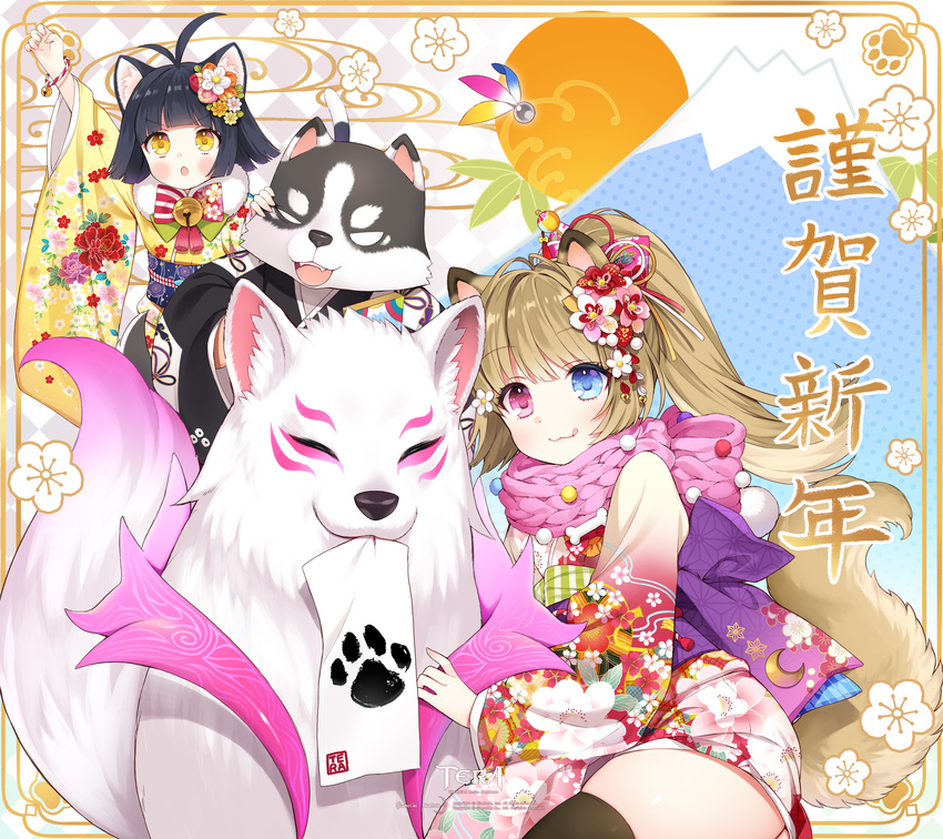 2018 2girls :3 :p absurdres ahoge animal_ears arm_up bell black_hair black_kimono black_legwear brown_hair byulzzimon cat_ears cat_tail chinese_zodiac dog dog_ears dog_tail elin_(tera) floral_print flower hair_flower hair_ornament happy_new_year heterochromia highres japanese_clothes jingle_bell kimono mouth_hold multiple_girls new_year obi official_art open_mouth pink_kimono ponytail popori sash scarf short_hair tail tera_online thighhighs tongue tongue_out wallpaper year_of_the_dog yellow_eyes yellow_kimono zettai_ryouiki