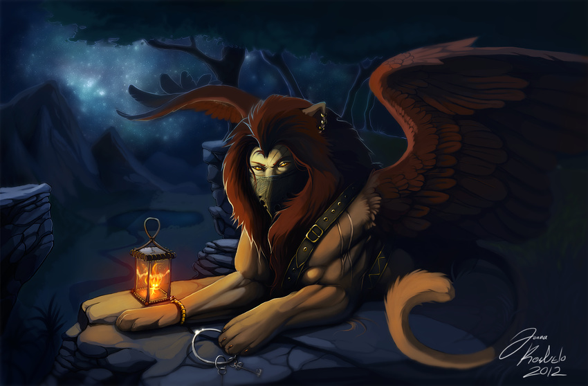 2012 brown_feathers brown_hair detailed_background digital_drawing_(artwork) digital_media_(artwork) feathered_wings feathers feline feral grypwolf hair hybrid lion mammal night outside paws wings yellow_eyes