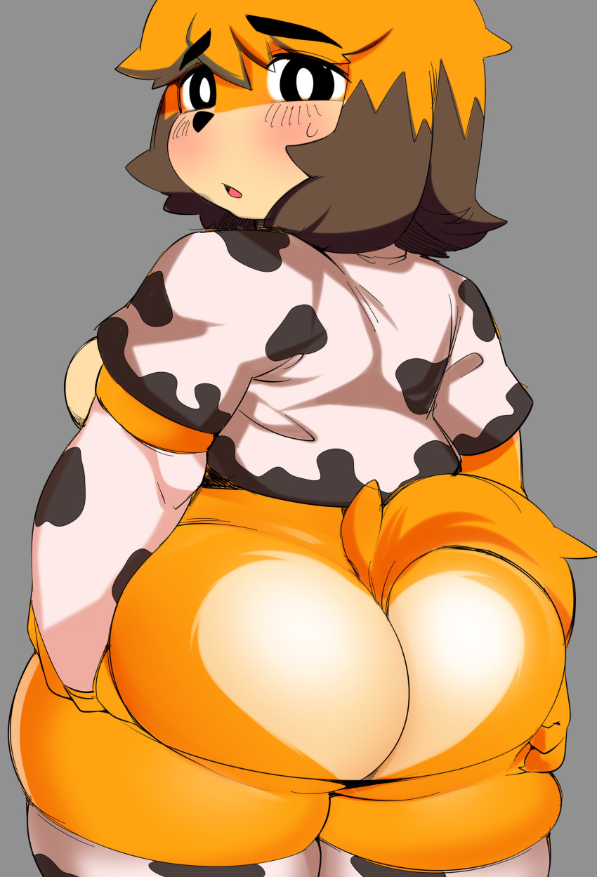 2019 absurd_res anthro berseepon09 big_butt butt canid canine canis clothed clothing cow_print digital_media_(artwork) domestic_dog female hair hi_res huge_butt larger_version_at_source looking_at_viewer mammal open_mouth short_stack simple_background solo standing thick_thighs voluptuous wide_hips