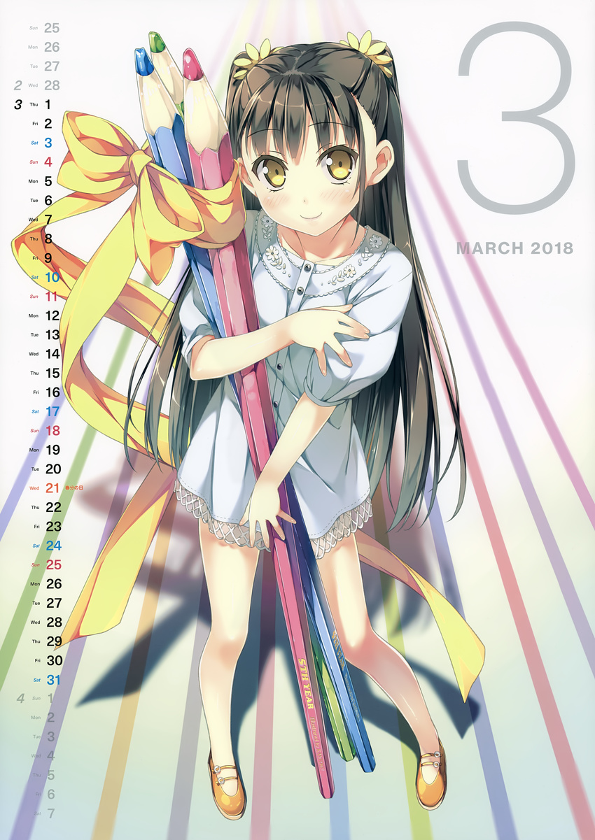 2018 absurdres bangs blush brown_hair calendar_(medium) closed_mouth colored_pencil dress eyebrows eyebrows_visible_through_hair full_body hair_ornament head_tilt highres huge_filesize kantoku long_hair looking_at_viewer march nagisa_(kantoku) no_socks non-web_source object_hug orange_footwear original oversized_object pencil puffy_short_sleeves puffy_sleeves ribbon scan shadow shoes short_sleeves smile solo two_side_up very_long_hair white_dress yellow_eyes yellow_ribbon