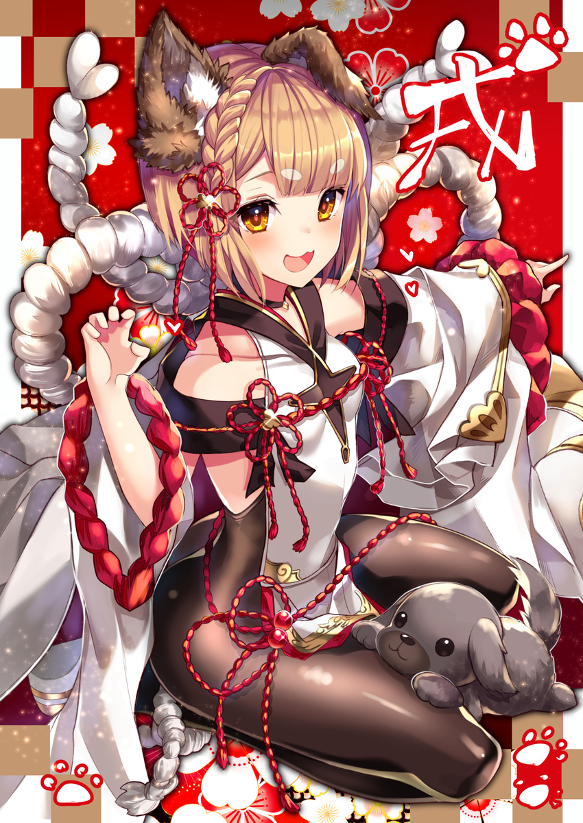 animal_ears blush brown_hair commentary_request detached_sleeves dog dog_ears erune granblue_fantasy hair_ornament highres homaderi japanese_clothes looking_at_viewer open_mouth pantyhose puppy seiza short_hair sitting solo vajra_(granblue_fantasy) yellow_eyes