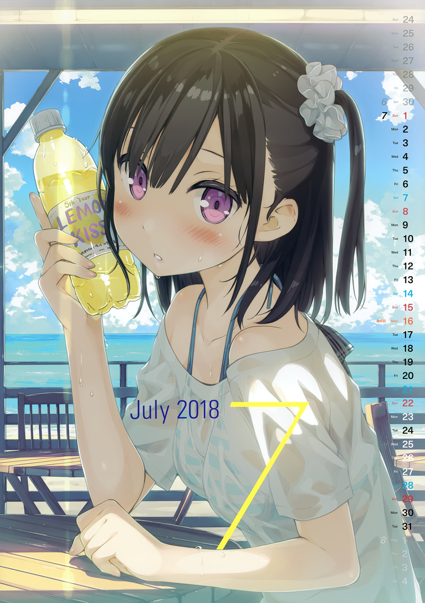 2018 absurdres bikini bikini_under_clothes black_hair blush bottle bottle_to_cheek breasts calendar_(medium) cloud cloudy_sky day from_side hair_ornament hair_scrunchie hand_up highres holding holding_bottle huge_filesize july kantoku looking_at_viewer non-web_source ocean off-shoulder_shirt one_side_up original outdoors parted_lips scan scrunchie see-through shirt shizuku_(kantoku) sitting sky small_breasts solo striped striped_bikini sweat swimsuit teeth water water_bottle wet wet_clothes wet_shirt white_scrunchie