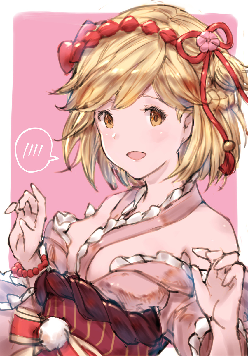 :d bare_shoulders bead_bracelet beads blonde_hair blush bracelet breasts brown_eyes djeeta_(granblue_fantasy) granblue_fantasy hair_ribbon highres jewelry long_sleeves looking_at_viewer milli_little obi off_shoulder open_mouth pink_background pom_pom_(clothes) red_ribbon ribbon sash short_hair simple_background sketch small_breasts smile solo spoken_blush upper_body w_arms