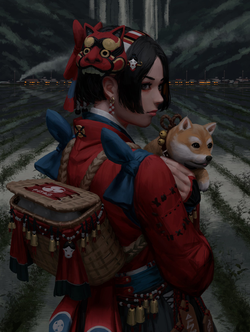absurdres backpack bag bangs black_gloves black_hair bridal_gauntlets chinese_zodiac closed_mouth commentary_request dog earrings from_behind gloves grey_eyes guweiz hairband highres holding_dog japanese_clothes jewelry long_sleeves looking_at_viewer looking_back mask mask_on_head original outdoors parted_bangs pink_lips rice_paddy sash shiba_inu short_hair smoke solo standing tassel year_of_the_dog