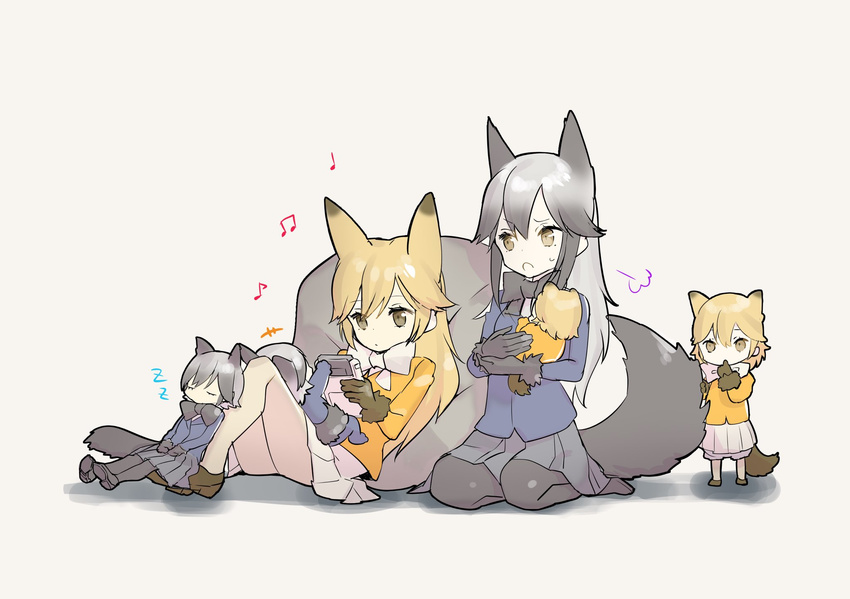 6+girls :o =3 animal_ears baby beamed_eighth_notes bean_bag_chair black_gloves black_legwear black_neckwear blonde_hair blue_jacket bow bowtie brown_eyes brown_gloves child child_carry closed_eyes commentary eighth_note extra_ears ezo_red_fox_(kemono_friends) fox_ears fox_tail fur-trimmed_sleeves fur_trim gloves grey_hair handheld_game_console highres if_they_mated implied_yuri ips_cells jacket kemono_friends long_hair mother_and_daughter multiple_girls musical_note omucchan_(omutyuan) orange_jacket pantyhose playing_games quarter_note reclining silver_fox_(kemono_friends) skirt sleeping tail white_legwear white_neckwear white_skirt zzz