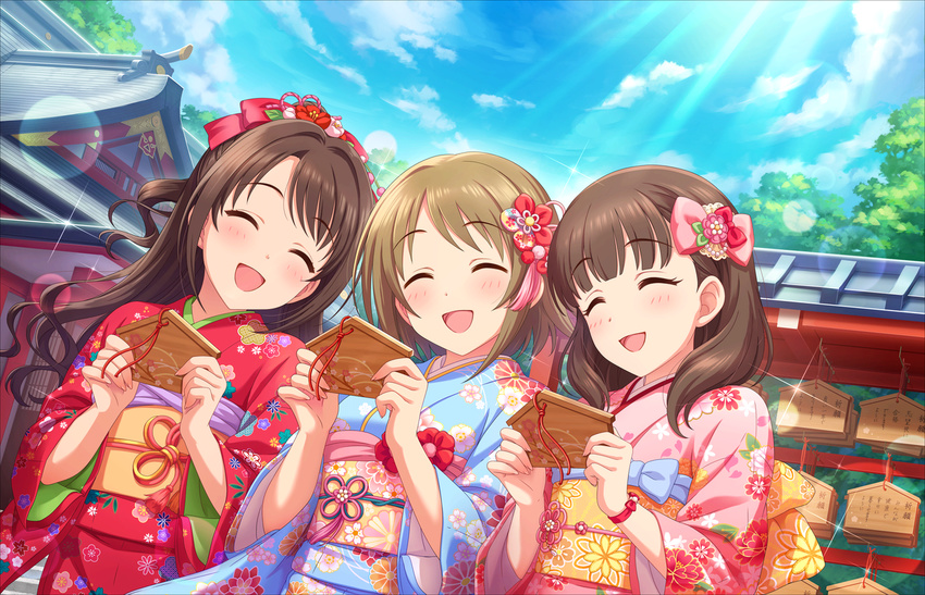 annindoufu_(oicon) bangs blue_kimono blue_sky blunt_bangs blush bow brown_eyes brown_hair closed_eyes day ema floral_print flower hair_flower hair_ornament holding idolmaster idolmaster_cinderella_girls idolmaster_cinderella_girls_starlight_stage japanese_clothes kimono long_hair mimura_kanako multiple_girls new_year obi official_art open_mouth outdoors pink_kimono red_kimono sakuma_mayu sash shimamura_uzuki short_hair shrine sky smile sunlight tree wide_sleeves