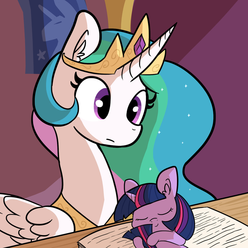2017 book crown duo equine female feral friendship_is_magic horn mammal my_little_pony princess_celestia_(mlp) sleeping tjpones twilight_sparkle_(mlp) unicorn winged_unicorn wings young