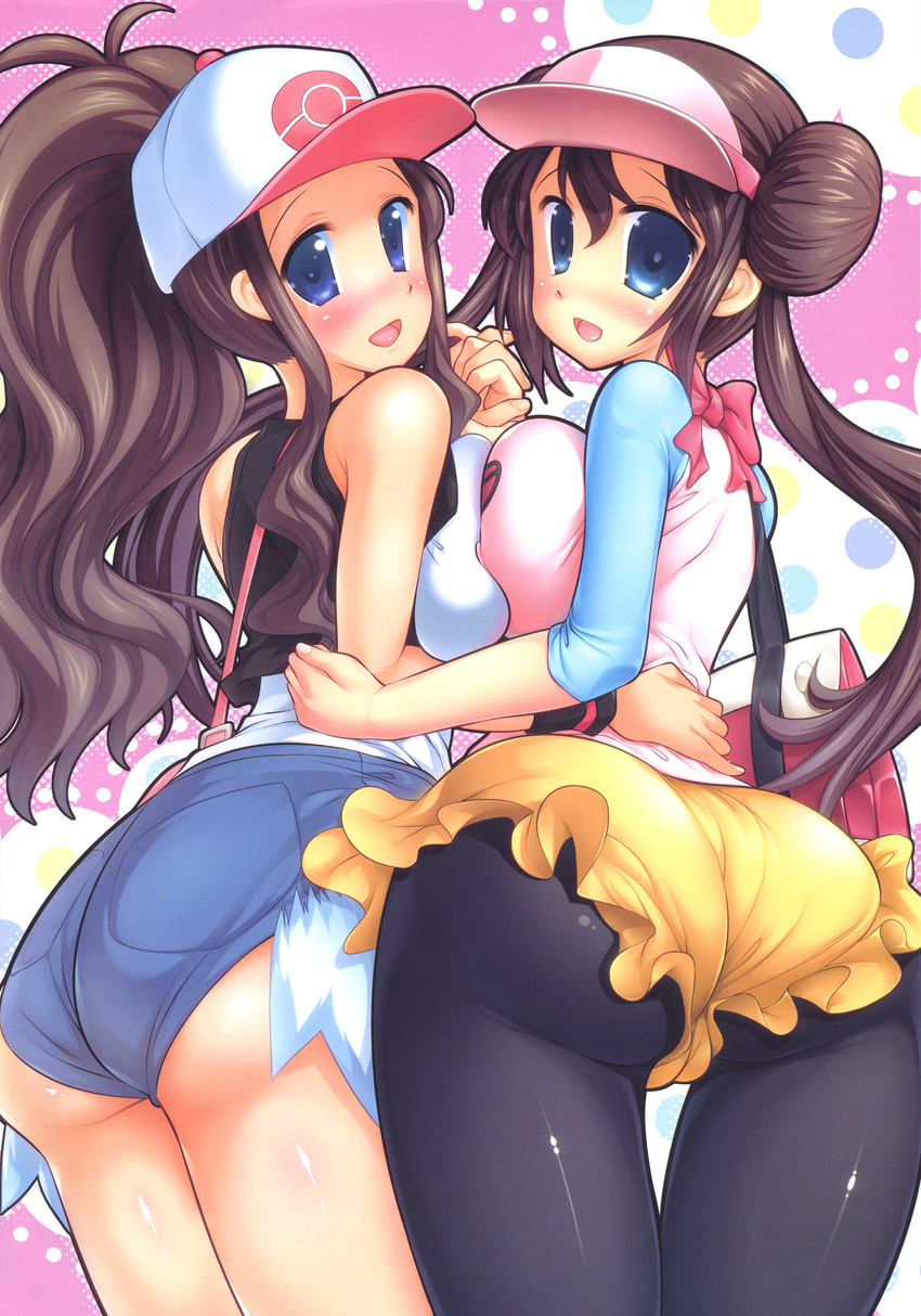 2girls ass bag bare_arms bare_shoulders black_pantyhose black_shirt blue_eyes blush bow breasts brown_hair cameltoe cowboy_shot denim denim_shorts double_bun female from_below hair_between_eyes hand_holding hat interlocked_fingers large_breasts long_hair long_sleeves looking_at_viewer looking_back looking_down mei_(pokemon) multiple_girls nose_blush open_mouth pantyhose pink_bow poke_ball_print pokemon pokemon_(game) pokemon_bw2 polka_dot polka_dot_background ponytail raidon scan shiny shiny_clothes shiny_skin shirt shorts symmetrical_docking thigh_gap touko_(pokemon) visor_cap white_hat yellow_shorts