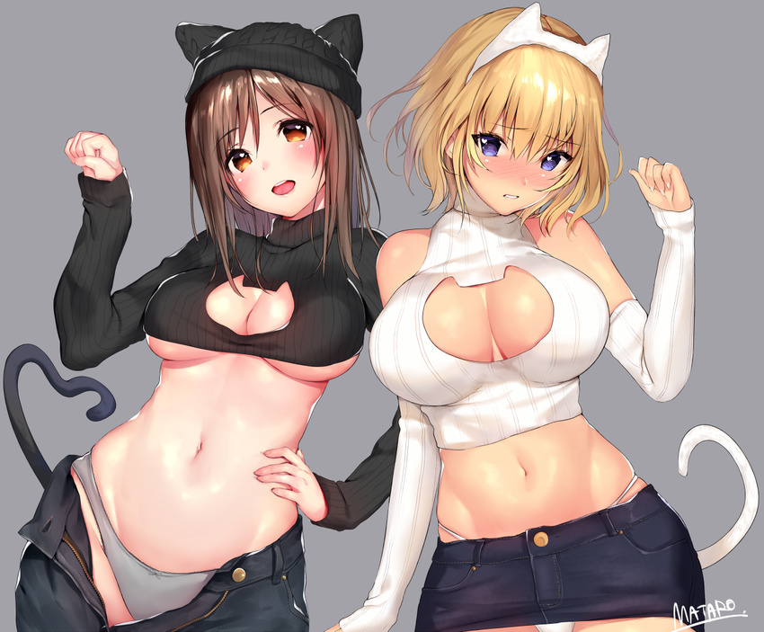 :d animal_ears animal_hat artist_name bangs bare_shoulders beanie black_sweater blonde_hair blue_pants blush bow bow_panties breasts brown_eyes brown_hair cat_cutout cat_ears cat_hat cat_tail check_commentary cleavage cleavage_cutout commentary commentary_request contrapposto cowboy_shot crop_top cropped_sweater denim denim_skirt detached_sleeves embarrassed eyebrows_visible_through_hair grey_background grey_panties groin hair_between_eyes hand_on_hip hand_up hat heart heart_in_eye heart_tail jeans large_breasts long_hair long_sleeves looking_at_viewer matarou_(genkai_toppa) multiple_girls navel no_bra open_fly open_mouth original panties pants paw_pose ribbed_sweater short_hair signature simple_background skirt sleeves_past_wrists smile standing sweater symbol_in_eye tail tareme teeth tongue turtleneck turtleneck_sweater underboob underwear unzipped white_panties