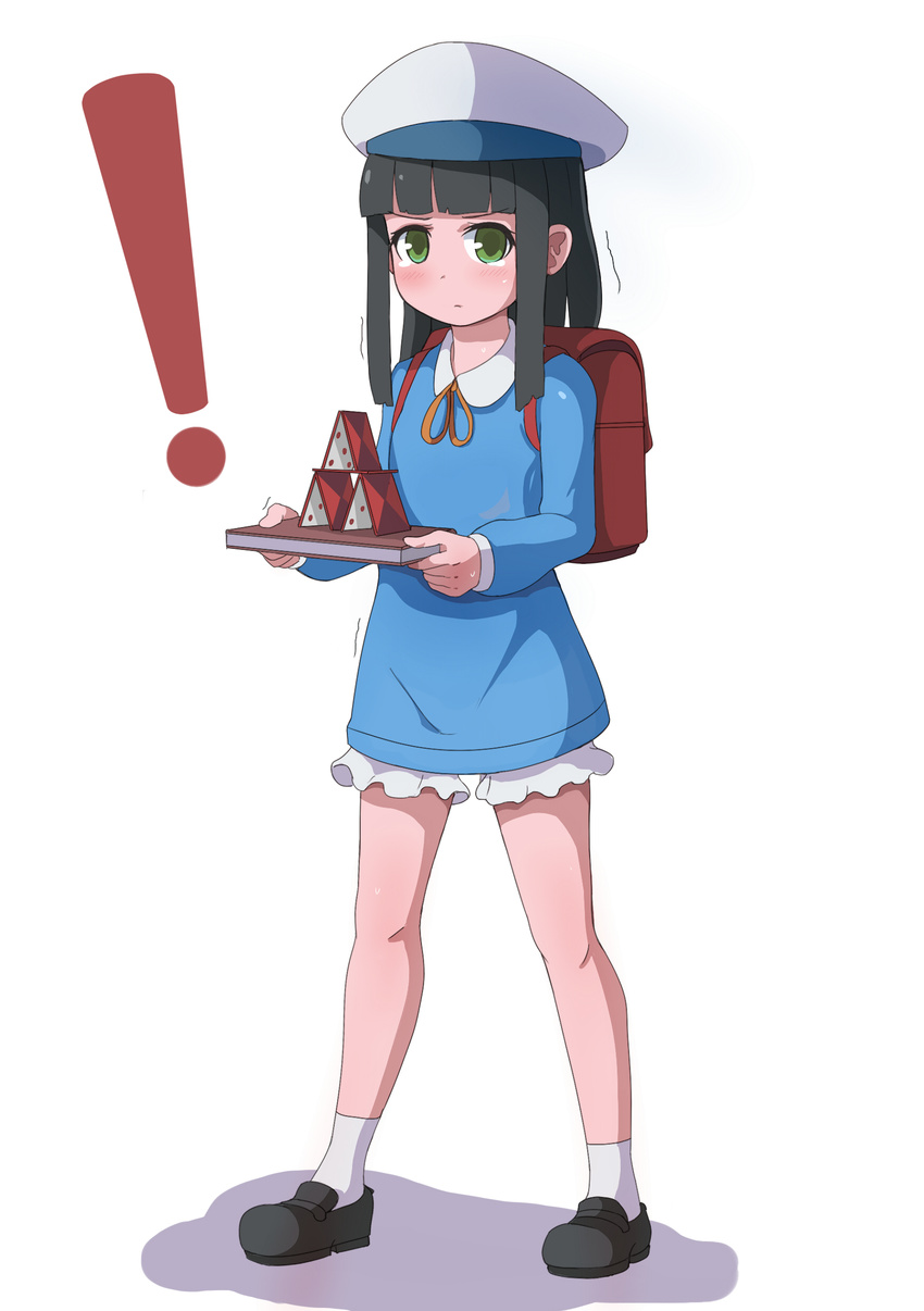1girl absurdres backpack bag beret black_footwear black_hair blue_dress blush book card collared_dress dress full_body green_eyes hat highres holding holding_book house_of_cards long_sleeves looking_at_viewer original playing_card randoseru school_uniform shoes socks solo standing tears toy_box-r white_background white_hat white_legwear