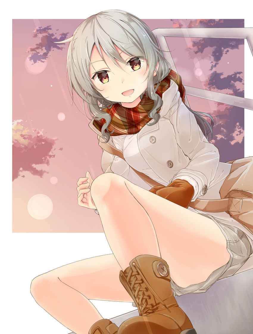 :d akisaka_yamoka boots breasts brown_bag brown_eyes brown_footwear brown_gloves cross-laced_footwear gloves highres lace-up_boots large_breasts long_hair looking_at_viewer open_mouth original plaid plaid_scarf scarf shorts silver_hair single_glove sitting smile solo wavy_hair white_coat white_shorts