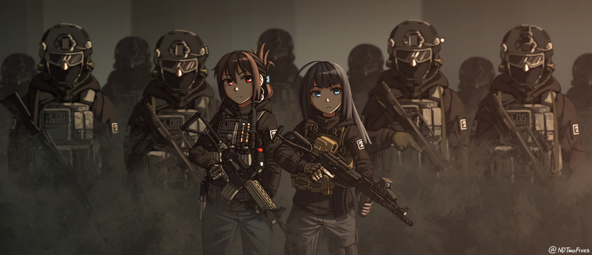 ahoge ak-74m amd-65 angled_foregrip armor army assault_rifle balaclava black_hair blue_eyes brown_hair bulletproof_vest bullpup commentary_request eotech flashlight gloves goggles gun hair_up handgun headset helmet highres holding holding_weapon holster holstered_weapon knife_holster load_bearing_vest lr-300 magazine_(weapon) military multiple_girls ndtwofives original patch pistol plate_carrier qbz-95 recurring_image red_eyes reflex_sight rifle soldier trigger_discipline twitter_username vertical_foregrip vest weapon weapon_request