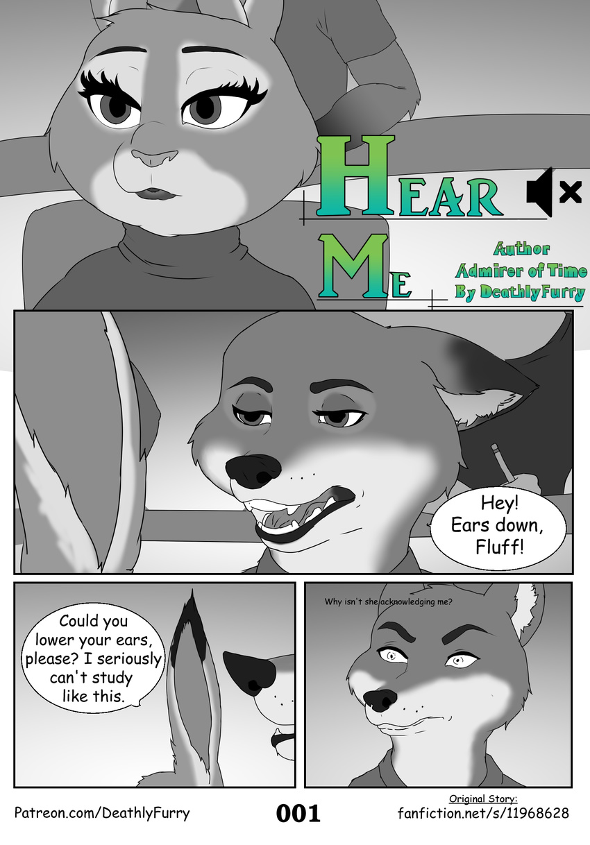 anthro canine clothed clothing comic deaf deathlyfurry dipstick_ears disney duo english_text female fox judy_hopps lagomorph male mammal monochrome nick_wilde pencil_(disambiguation) rabbit speech_bubble text zootopia