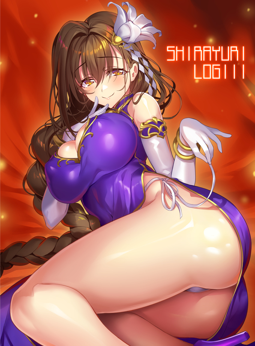 ass bangs blush bracelet braid breasts brown_eyes brown_hair china_dress chinese_clothes cleavage cleavage_cutout closed_mouth commentary_request dress elbow_gloves eyebrows_visible_through_hair gan_(shanimuni) gloves hand_to_own_mouth high_heels highres impossible_clothes impossible_dress jewelry kanpani_girls large_breasts lips long_hair lying mole mole_under_eye on_side panties purple_dress shirayuri_sakura side-tie_panties side_slit single_braid sleeveless smile solo string_panties underwear untying very_long_hair white_gloves white_panties