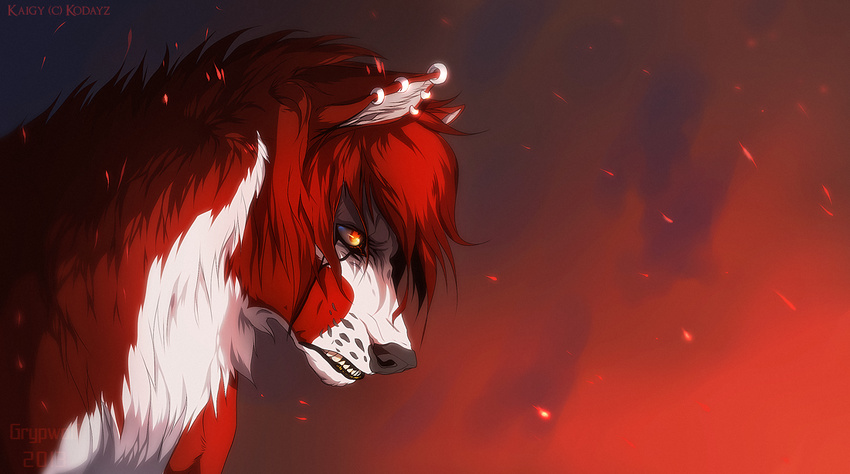 2013 amber_eyes black_lips black_nose canine digital_drawing_(artwork) digital_media_(artwork) dog feral fur grypwolf hair implied_fire mammal outside red_fur red_hair solo teeth white_fur