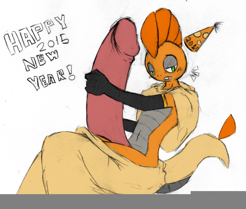 2015 blush green_eyes hyper hyper_penis looking_at_viewer male nintendo penis pok&eacute;mon pok&eacute;mon_(species) pumpkybutt scrafty solo traditional_media_(artwork) video_games