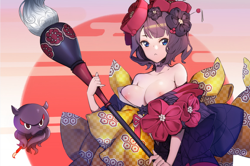 :&lt; bangs black_eyes black_hair black_kimono blue_eyes blush breasts calligraphy_brush checkered closed_mouth collarbone dr.wolf egasumi fate/grand_order fate_(series) floating flower hair_flower hair_ornament hair_stick highlights holding japanese_clothes katsushika_hokusai_(fate/grand_order) kimono looking_at_viewer medium_breasts multicolored_hair nipple_slip nipples octopus open_clothes open_kimono oversized_object paintbrush short_hair solo sun tentacles tokitarou_(fate/grand_order) unmoving_pattern upper_body