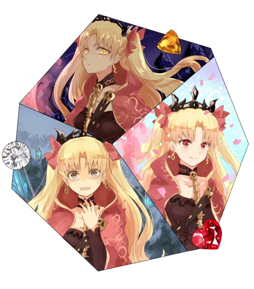 1girl amber_(stone) angry bangs black_nails blonde_hair cape choker commentary_request diamond earrings embarrassed ereshkigal_(fate/grand_order) fate/grand_order fate_(series) gem grey_eyes hair_ribbon highres jewelry light_blush long_hair multiple_views nail_polish parted_bangs petals red_eyes red_ribbon ribbon ruby_(stone) skull smile spine sweatdrop tiara two_side_up wavy_mouth yellow_eyes