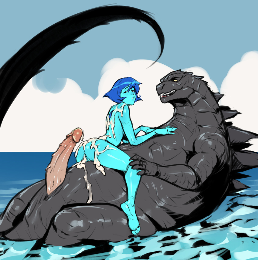 absurd_res after_sex alien animal_genitalia anthro anus big_penis blue_hair blue_skin breasts butt cartoon_network claws cloud crossover cum cum_in_pussy cum_inside cum_on_back cum_on_butt dinosaur duo erection female female_on_anthro gem_(species) genital_slit godzilla godzilla_(series) grey_skin hair hand_on_chest hi_res humanoid humanoid_on_anthro humanoid_penis interspecies izra kaiju lapis_lazuli_(steven_universe) larger_male long_tail looking_pleasured love male male/female monster nude outside penis pussy romantic_couple sea sharp_teeth short_hair size_difference sky slit smaller_female smile spikes spines steven_universe teeth water yellow_eyes