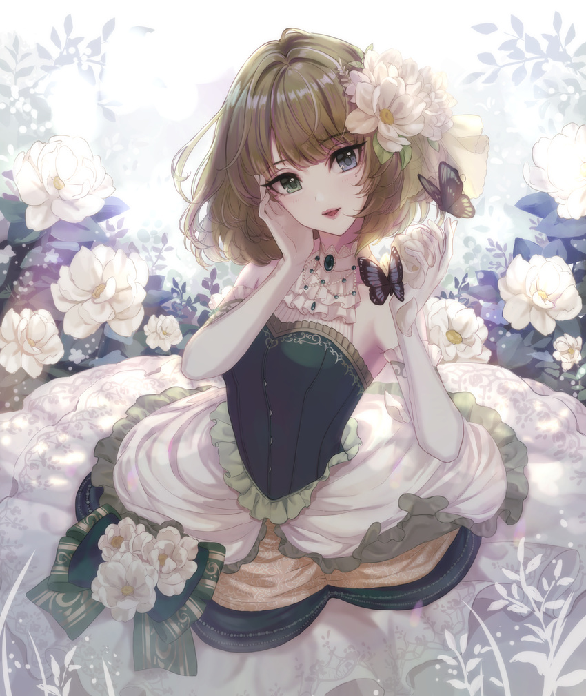 :d armpits ascot bare_shoulders blue_eyes blush brown_hair bug butterfly dress elbow_gloves eyebrows_visible_through_hair flower frilled_dress frills gloves green_eyes hair_flower hair_ornament hand_on_own_cheek head_tilt heterochromia highres holding holding_flower idolmaster idolmaster_cinderella_girls insect layered_dress lips looking_at_viewer magako mole mole_under_eye open_mouth petals short_hair sleeveless sleeveless_dress smile takagaki_kaede white_dress white_flower white_gloves white_neckwear