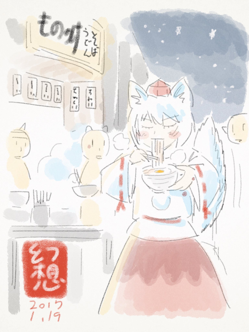 animal_ears chopsticks commentary detached_sleeves egg food gensoukoumuten hat highres inubashiri_momiji noodles pom_pom_(clothes) ribbon-trimmed_sleeves ribbon_trim short_hair tail tokin_hat touhou vending_cart white_hair wide_sleeves wolf_ears wolf_tail