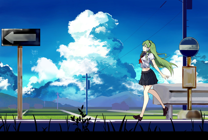 absurdres bangs blue_sky bus_stop cloud cloudy_sky collared_shirt commentary_request day frog_hair_ornament full_body green_eyes green_hair hair_ornament hair_tubes highres inoshin_(inixia1748) kochiya_sanae long_hair outdoors rice_paddy road_sign rural school_uniform shirt sign skirt sky smile snake_hair_ornament solo touhou walking white_shirt