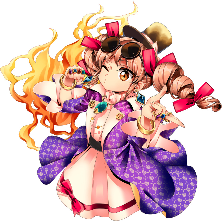 antinomy_of_common_flowers bangs bow bracelet clenched_hand closed_mouth dress drill_hair eyebrows eyebrows_visible_through_hair eyewear_on_head fingernails gem hair_ribbon harukawa_moe hat hat_bow highres incoming_punch jacket jewelry long_sleeves necklace o3o official_art one_eye_closed open_clothes open_jacket orange_eyes orange_hair pendant purple_jacket red_bow red_ribbon ribbon ring short_hair solo sunglasses top_hat touhou transparent_background twin_drills twintails white_bow white_dress wide_sleeves yorigami_jo'on