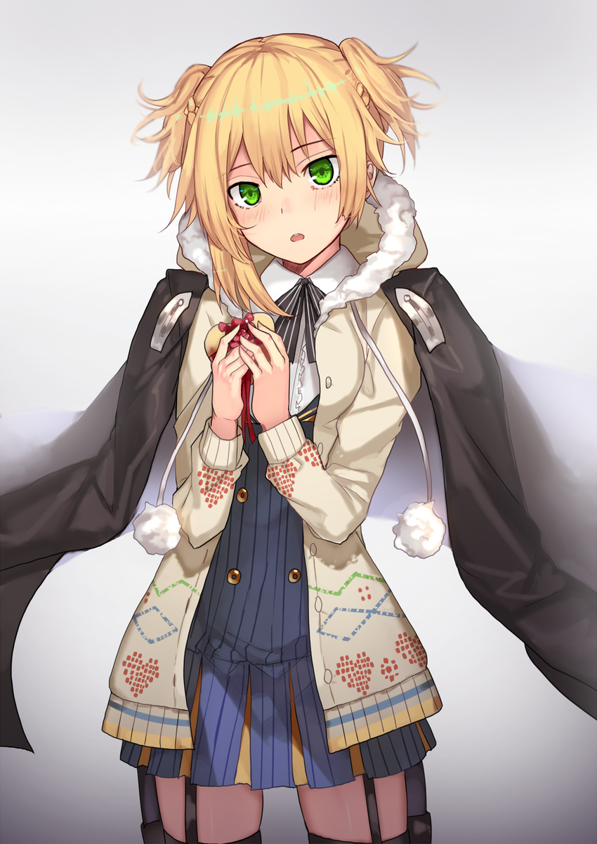alternate_costume argyle argyle_legwear asymmetrical_hair bangs black_coat black_footwear blonde_hair blue_legwear blue_skirt blush boots box braid cardigan coat commentary_request cowboy_shot do2mi_doreimi eyebrows_visible_through_hair fur-trimmed_cardigan gift girls_frontline green_eyes hair_between_eyes heart-shaped_box highres holding holding_box holding_gift holster jacket_on_shoulders looking_at_viewer open_cardigan open_clothes open_coat open_mouth pantyhose ribbon side_ponytail sidelocks simple_background skirt sleeves_past_wrists solo striped striped_neckwear striped_skirt thigh_holster thighs welrod_mk2_(girls_frontline) white_background wind wind_lift
