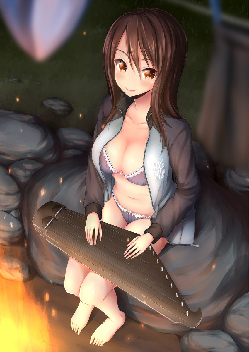 bangs bare_legs barefoot blurry bra breasts brown_eyes brown_hair campfire cleavage depth_of_field drying drying_clothes fire girls_und_panzer highres instrument jacket kantele keizoku_military_uniform long_hair looking_at_viewer medium_breasts mika_(girls_und_panzer) no_hat no_headwear oosato_haya open_clothes panties raglan_sleeves sitting solo toes track_jacket underwear
