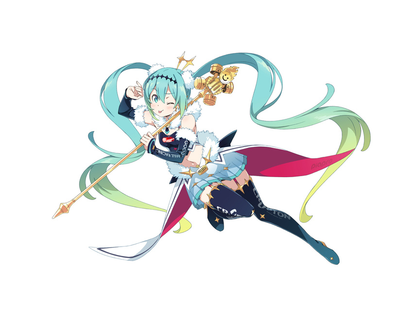 aqua_eyes aqua_hair boots crypton_future_media detached_sleeves dojikko_pose eyebrows_visible_through_hair full_body fur_trim garter_straps goodsmile_racing gradient_hair green_hair hatsune_miku highres kanzaki_hiro logo long_hair looking_at_viewer multicolored_hair navel one_eye_closed piapro pleated_skirt race_queen racing_miku racing_miku_(2018) skirt smile solo staff thigh_boots thighhighs tongue tongue_out twintails very_long_hair vocaloid white_background