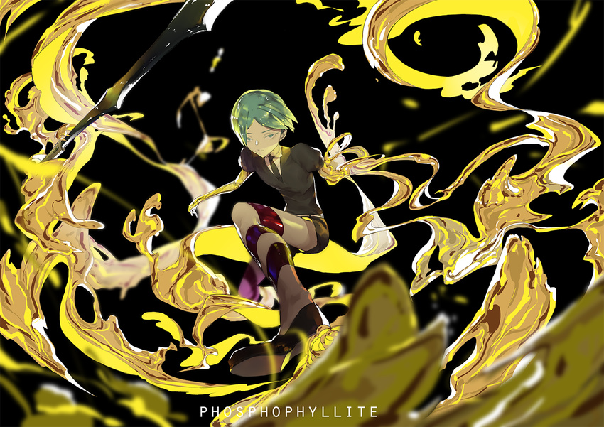 androgynous character_name expressionless gem_uniform_(houseki_no_kuni) gold golden_arms green_eyes green_hair houseki_no_kuni looking_at_viewer necktie phosphophyllite ryein short_hair shorts solo spoilers
