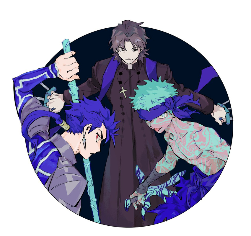 aqua_hair avenger blue_hair body_markings circle fate/hollow_ataraxia fate_(series) gae_bolg glowing_markings highres kotomine_kirei lancer long_hair male_focus multiple_boys ponytail round_image sujin