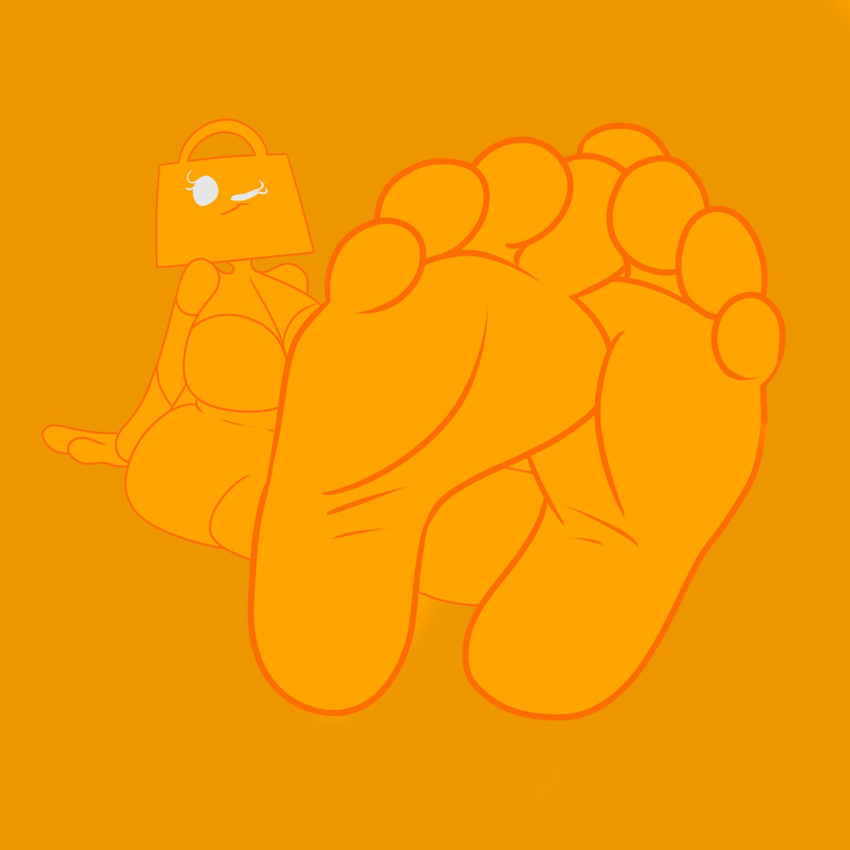2015 3ds 4_toes animate_inanimate anthro barefoot breasts cleavage clothed clothing feet female foot_focus humanoid humanoid_feet looking_at_viewer navel nintendo not_furry one_eye_closed orange_background orange_skin pinksundae shopping_bag shopping_bag_(3ds) simple_background soles solo toes toony video_games wink