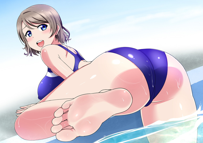 1girl barefoot blue_eyes blush feet light_brown_hair looking_back love_live! love_live!_sunshine!! one_leg_raised open_mouth pov pov_feet short_hair soles swimming_pool swimsuit toes watanabe_you wet