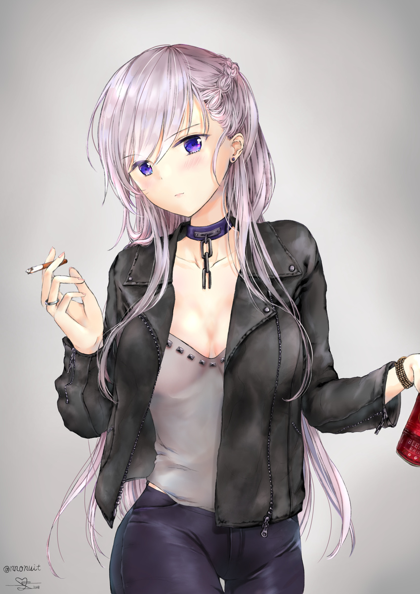 alternate_costume azur_lane bangs belfast_(azur_lane) blush braid breasts chain cigarette cleavage closed_mouth collar collarbone commentary_request eyebrows_visible_through_hair french_braid highres holding holding_cigarette jacket jewelry large_breasts long_hair long_sleeves looking_at_viewer purple_eyes ring silver_hair solo tsunano_(koi_pink)