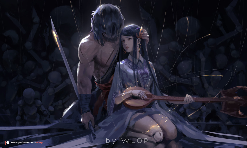 1girl bandaged_arm bandages black_hair cello closed_mouth commentary_request doll_joints dungeon_and_fighter earrings hair_over_eyes highres holding holding_instrument holding_sword holding_weapon hoop_earrings instrument iris_fortunesinger japanese_clothes jewelry kimono kneeling lips long_hair long_sleeves marionette music patreon_logo patreon_username playing_instrument puppet puppet_strings red_eyes red_lips reverse_grip seiza shirtless siran sitting sword weapon wlop