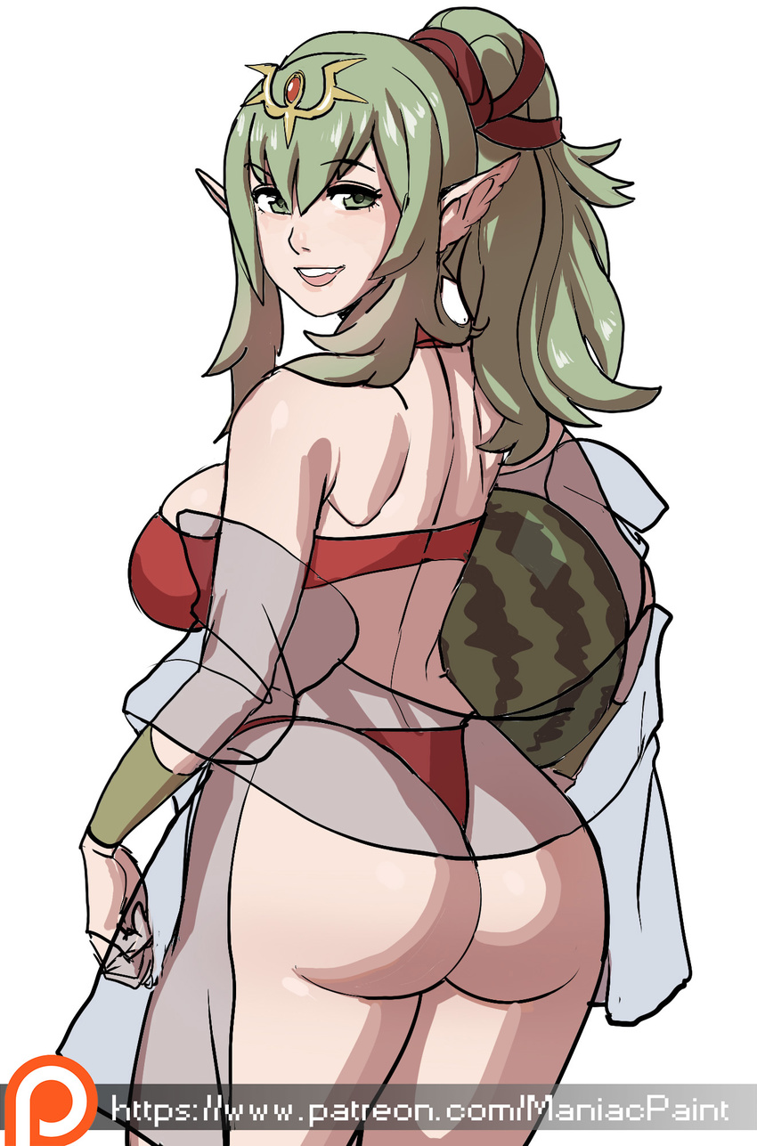 ass back bikini breasts chiki fire_emblem fire_emblem:_kakusei fire_emblem:_monshou_no_nazo fire_emblem_heroes food forehead_jewel fruit green_eyes green_hair hair_ribbon highres large_breasts long_hair looking_at_viewer looking_back mamkute maniacpaint older pointy_ears red_bikini ribbon see-through shawl smile solo swimsuit thong_bikini watermark watermelon web_address white_background