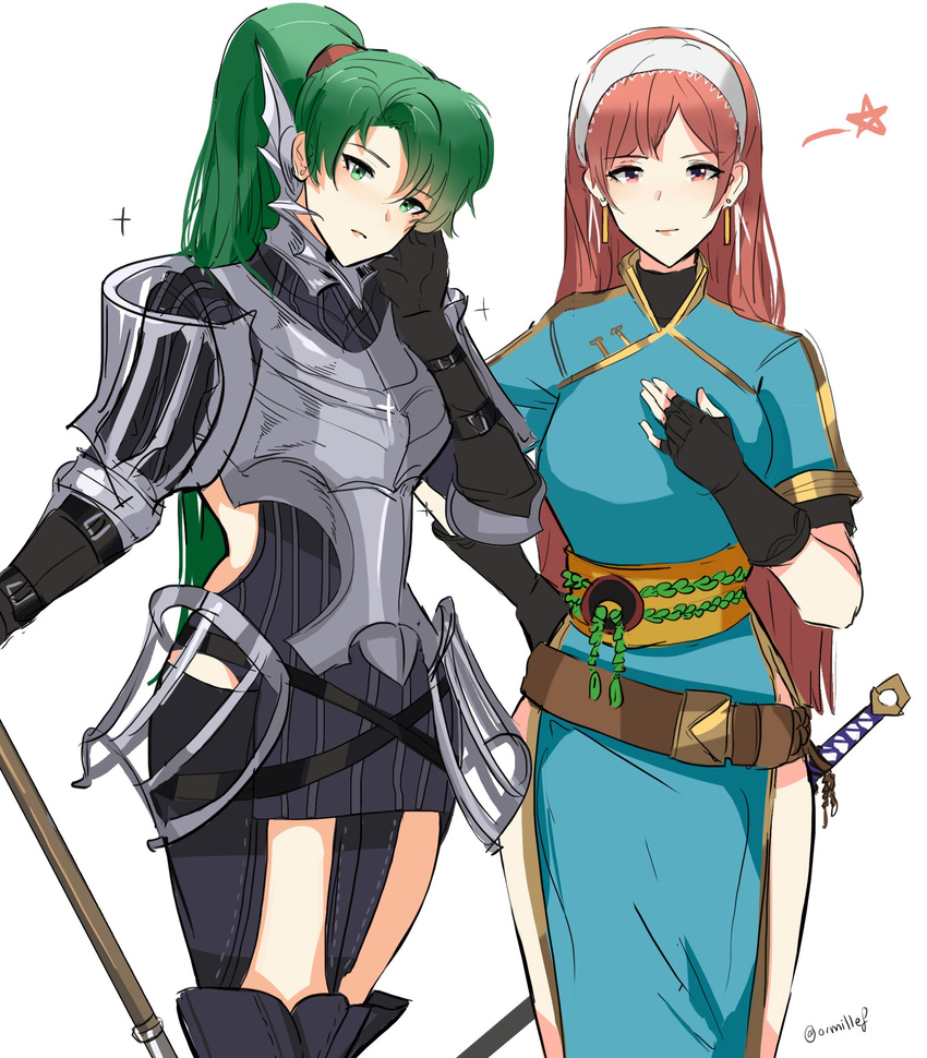 absurdres armor breastplate commentary fire_emblem fire_emblem:_kakusei fire_emblem:_rekka_no_ken fire_emblem_heroes gauntlets green_eyes green_hair highres holding holding_weapon long_hair looking_at_viewer lyndis_(fire_emblem) multiple_girls ormille pauldrons red_hair serge_(fire_emblem) simple_background smile thighhighs weapon white_background