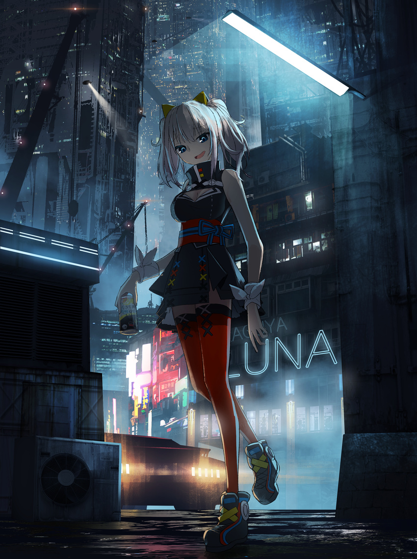:d absurdres asuteroid bare_shoulders blade_runner blade_runner_2049 blue_eyes breasts building character_name city cleavage_cutout commentary_request crane crossover cyberpunk eyebrows_visible_through_hair hair_between_eyes headgear highres holding kaguya_luna kaguya_luna_(character) looking_at_viewer medium_breasts neon_lights night obi open_mouth outdoors red_legwear sash science_fiction shoes silver_hair skyscraper smile solo spinner standing standing_on_one_leg thighhighs twintails virtual_youtuber wristband