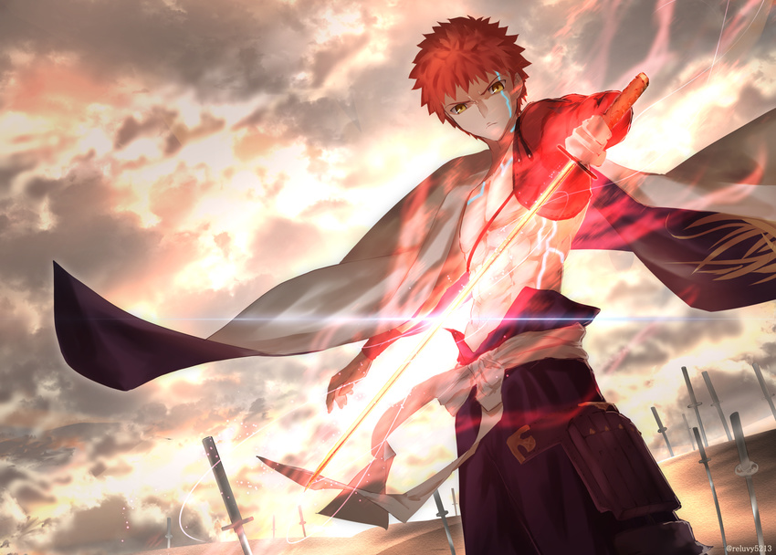 abs cape cloud cloudy_sky commentary_request emiya_shirou fate/grand_order fate_(series) field_of_blades glowing glowing_sword glowing_weapon highres holding holding_sword holding_weapon igote japanese_clothes limited/zero_over looking_at_viewer magic_circuit male_focus red_hair reluvy serious sky solo sword unlimited_blade_works weapon