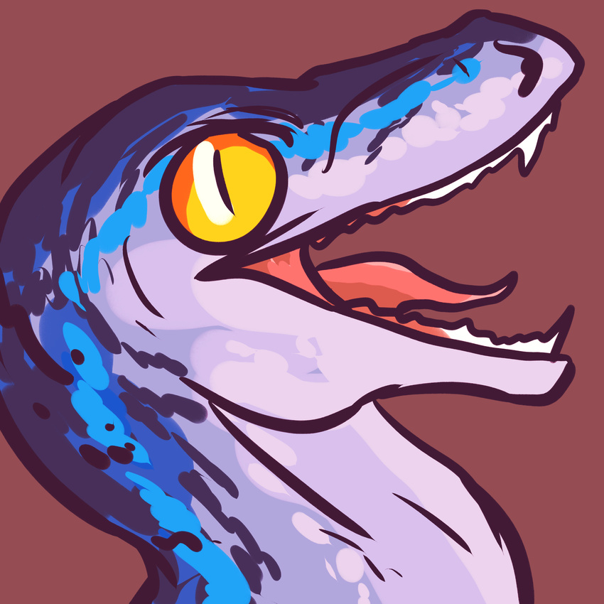 absurd_res ambiguous_gender blue_(jurassic_world) blue_body blue_markings ciphir dinosaur fangs feral headshot_portrait hi_res jurassic_park jurassic_world long_mouth looking_at_viewer markings no_sclera open_mouth portrait raptor reaction_image red_background scalie sharp_teeth side_view simple_background slit_pupils snout solo spots teeth theropod tongue white_body yellow_eyes