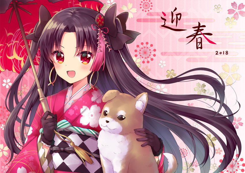 2018 :d animal bangs black_gloves blush bow brown_bow brown_hair chinese_zodiac commentary_request dog egasumi eyebrows_visible_through_hair fate/grand_order fate_(series) floral_print fur-trimmed_gloves fur_trim gloves hair_bow hair_ornament holding holding_umbrella ishtar_(fate/grand_order) japanese_clothes kimono long_hair looking_at_viewer obi open_mouth oriental_umbrella parted_bangs pink_kimono print_kimono red_eyes red_umbrella sash sato_ame smile solo two_side_up umbrella very_long_hair year_of_the_dog