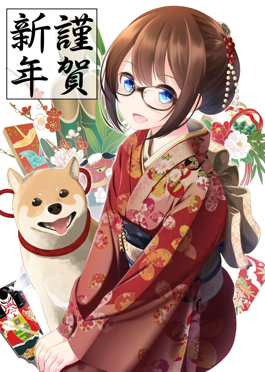 2018 :d bangs beads blue_eyes brown_hair chinese_zodiac commentary_request dog eyebrows_visible_through_hair floral_print flower glasses hagoita hair_ornament hands_on_own_knees happy_new_year highres japanese_clothes kimono long_sleeves looking_at_viewer nekobaka new_year open_mouth original paddle red_flower shiba_inu smile solo translated white_background year_of_the_dog