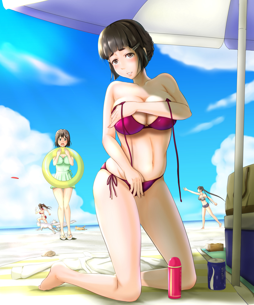 :o absurdres ashigara_(kantai_collection) bare_shoulders barefoot beach beach_umbrella bikini black_hair blush breasts brown_eyes brown_hair can cleavage commentary_request covering covering_breasts day denim denim_shorts dog frisbee full-face_blush haguro_(kantai_collection) hair_bun hair_ornament hairclip highres kantai_collection kauchoro_(namikazemakase) kneeling large_breasts long_hair looking_at_viewer midriff multiple_girls myoukou_(kantai_collection) nachi_(kantai_collection) navel o-ring o-ring_bikini ocean one-piece_swimsuit ponytail purple_bikini running sandals seashell shell short_eyebrows short_hair shorts side-tie_bikini soda_can solo_focus striped_bikini_top surprised swimsuit swimsuit_skirt umbrella untied untied_bikini wolf