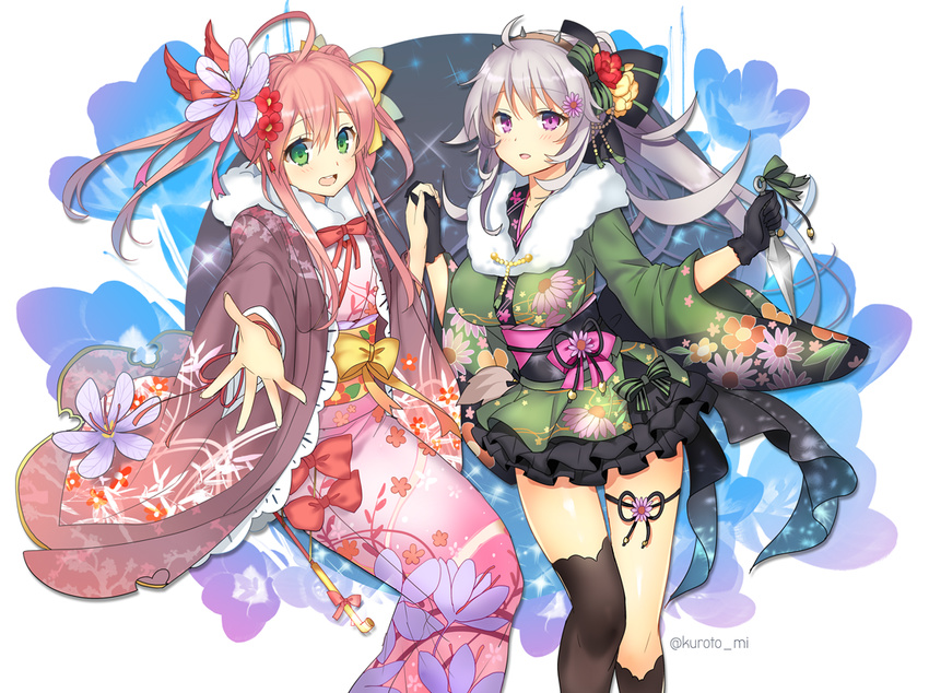 ahoge asymmetrical_legwear black_bow black_legwear black_skirt bow echinacea_(flower_knight_girl) floral_print flower flower_knight_girl green_bow green_eyes green_kimono grey_hair hair_bow hair_bun hair_flower hair_ornament holding holding_hands holding_weapon japanese_clothes kimono kiseru kunai kurot long_hair looking_at_viewer multiple_girls pink_hair pink_kimono pipe print_kimono purple_eyes red_bow saffron_(flower_knight_girl) skirt smile striped striped_bow twitter_username weapon yellow_bow yukata